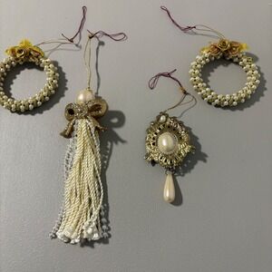 Pearl Bead Christmas Ornaments, Gold Accents, Holiday Decoration,‎ 4 Piece Set